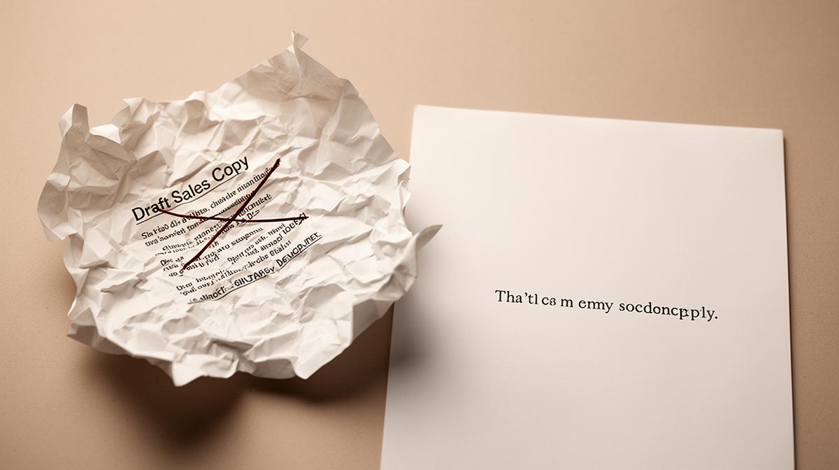 Crumpled sales copy next to clean message