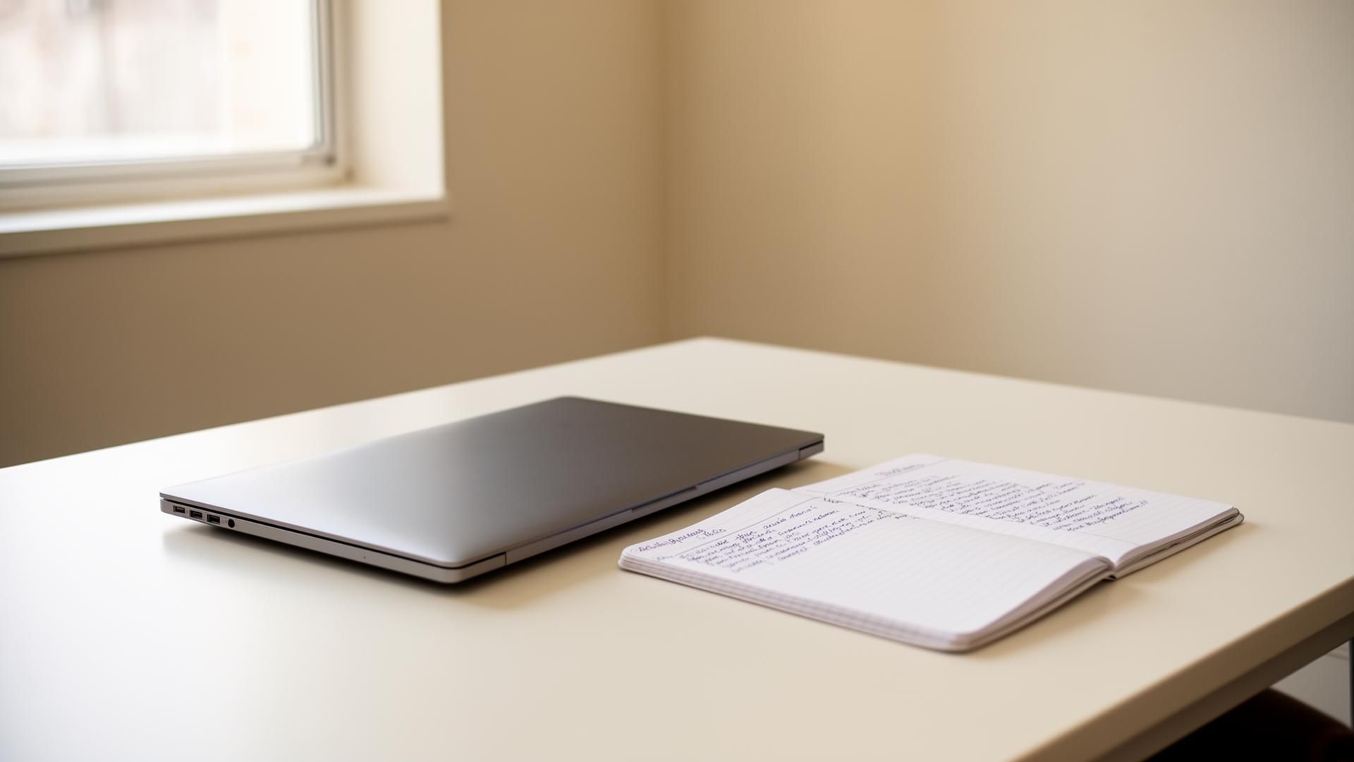 Empty desk with closed laptop and a notebook of handwritten notes