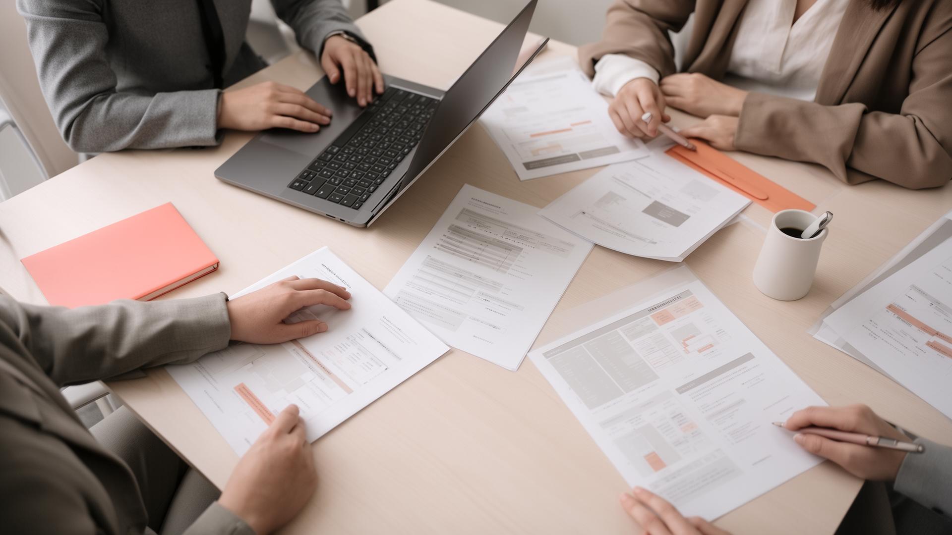 Sales team reviewing documents and dashboards around a meeting table