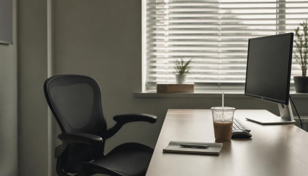 Empty desk in a quiet office, cold coffee beside a dark monitor