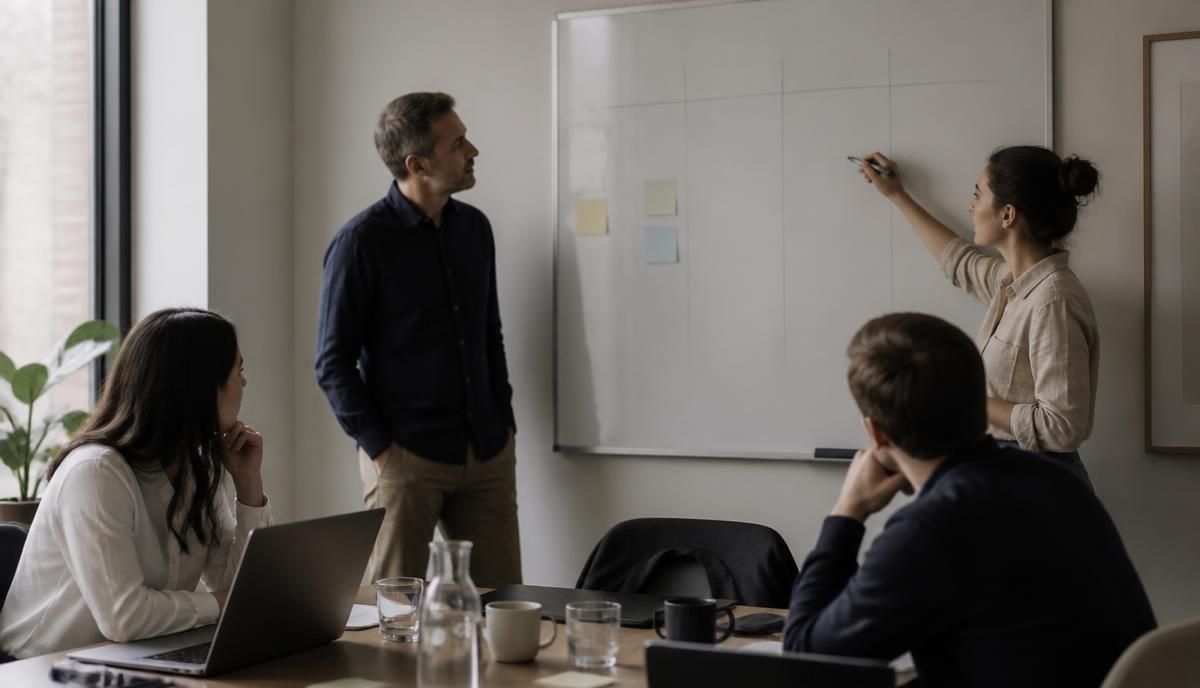 A small sales team reviewing a pipeline board in a calm meeting room